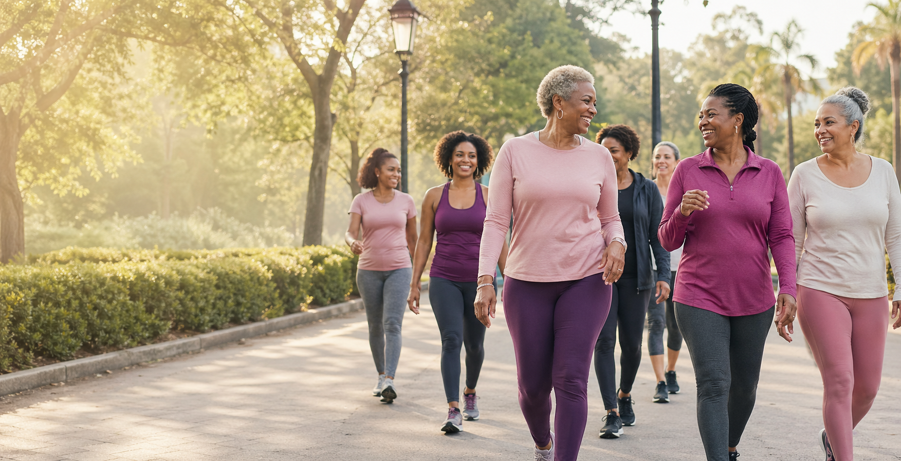A diverse group of women walking together through a sunlit park.